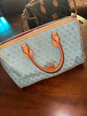 Dooney & Bourke Light Blue Monogram Satchel with Tan Leather Trim